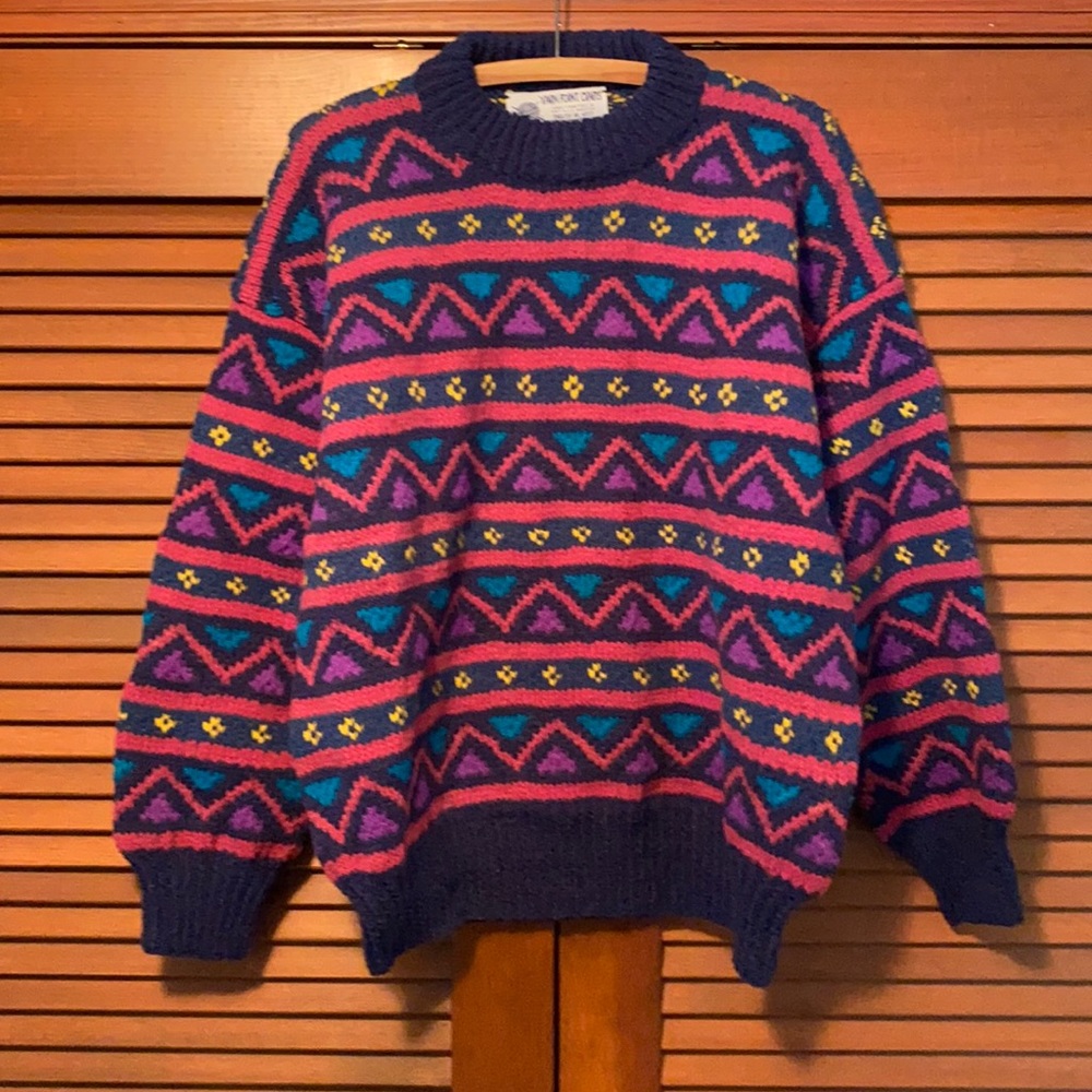 Vintage 1990s Yarn Point Crafts Wool Sweater Oversized Purple Pink Blue Pattern